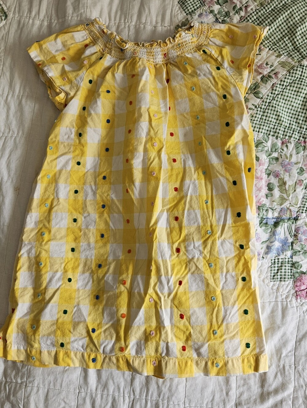 Hanna Andersson Yellow Plaid Polka Dot Dress Spring Summer 100% Cotton Girls 6-7